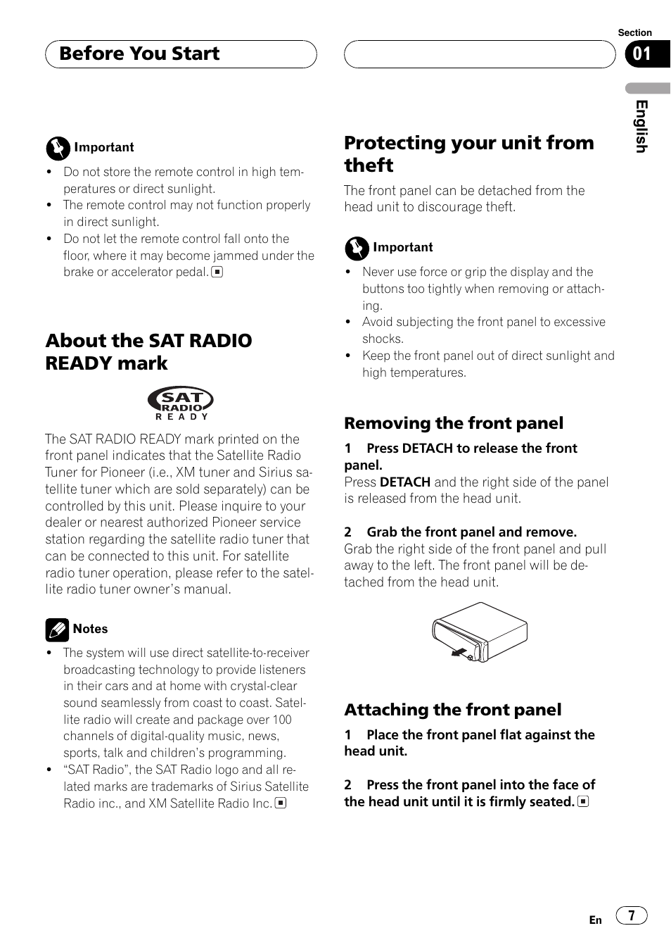 Removing the front panel 7, Attaching the front panel 7, About the sat radio ready mark | Protecting your unit from theft, Before you start, Removing the front panel, Attaching the front panel | Pioneer DEH-P3800MP User Manual | Page 7 / 148