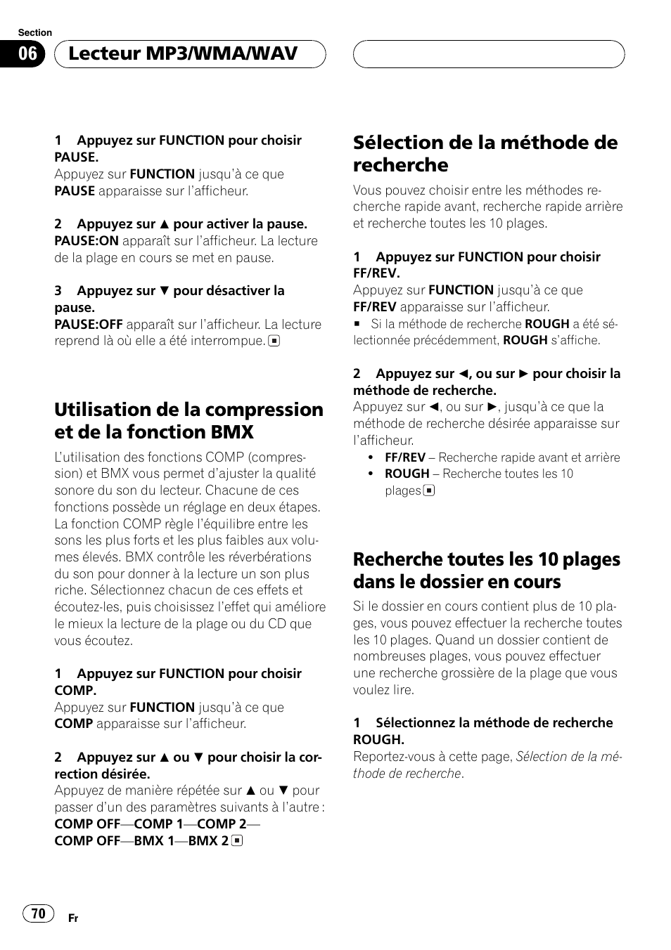 Utilisation de la compression et de la, Fonction bmx 70, Sélection de la méthode de recherche 70 | Recherche toutes les 10 plages dans le, Dossier en cours 70, Sélection de la méthode de recherche, Lecteur mp3/wma/wav | Pioneer DEH-P3800MP User Manual | Page 70 / 148