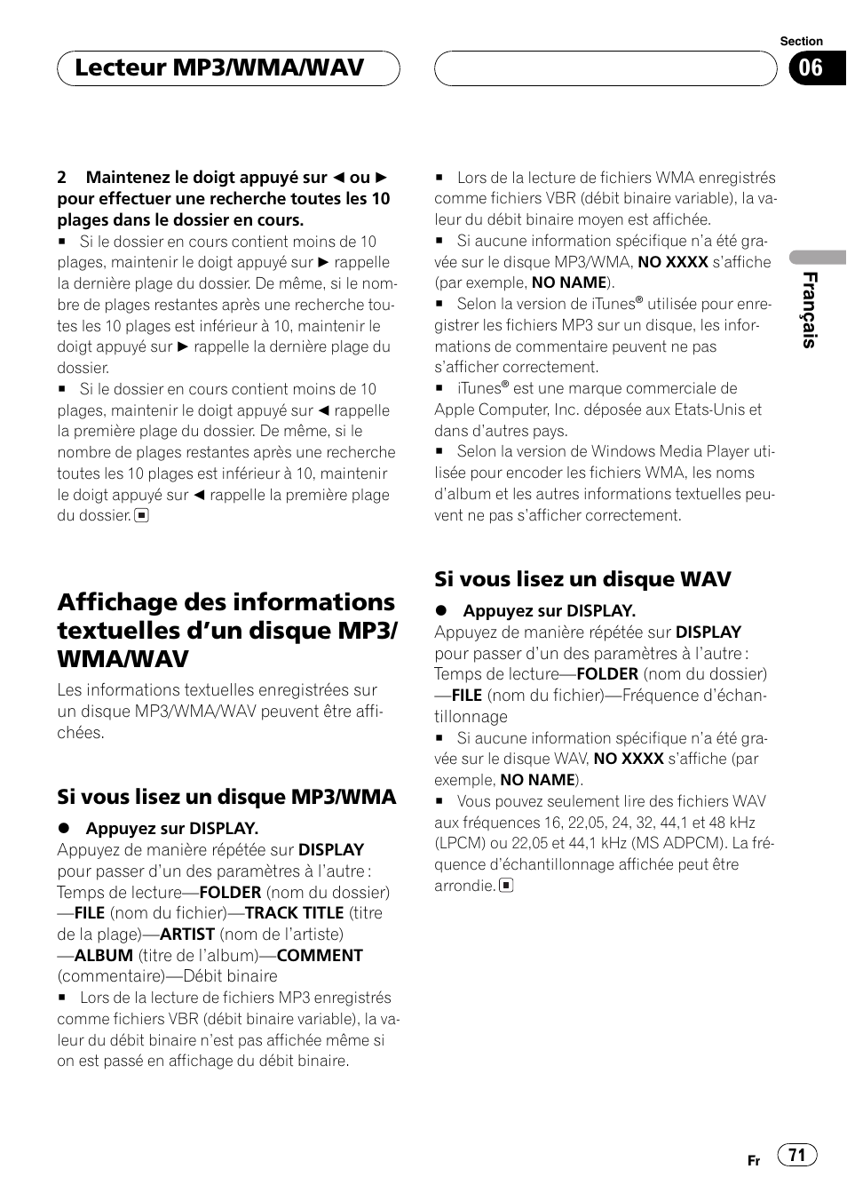 Affichage des informations textuelles dun, Disque mp3/wma/wav 71, Si vous lisez un disque mp3 | Wma 71, Si vous lisez un disque wav 71, Lecteur mp3/wma/wav, Si vous lisez un disque mp3/wma, Si vous lisez un disque wav | Pioneer DEH-P3800MP User Manual | Page 71 / 148