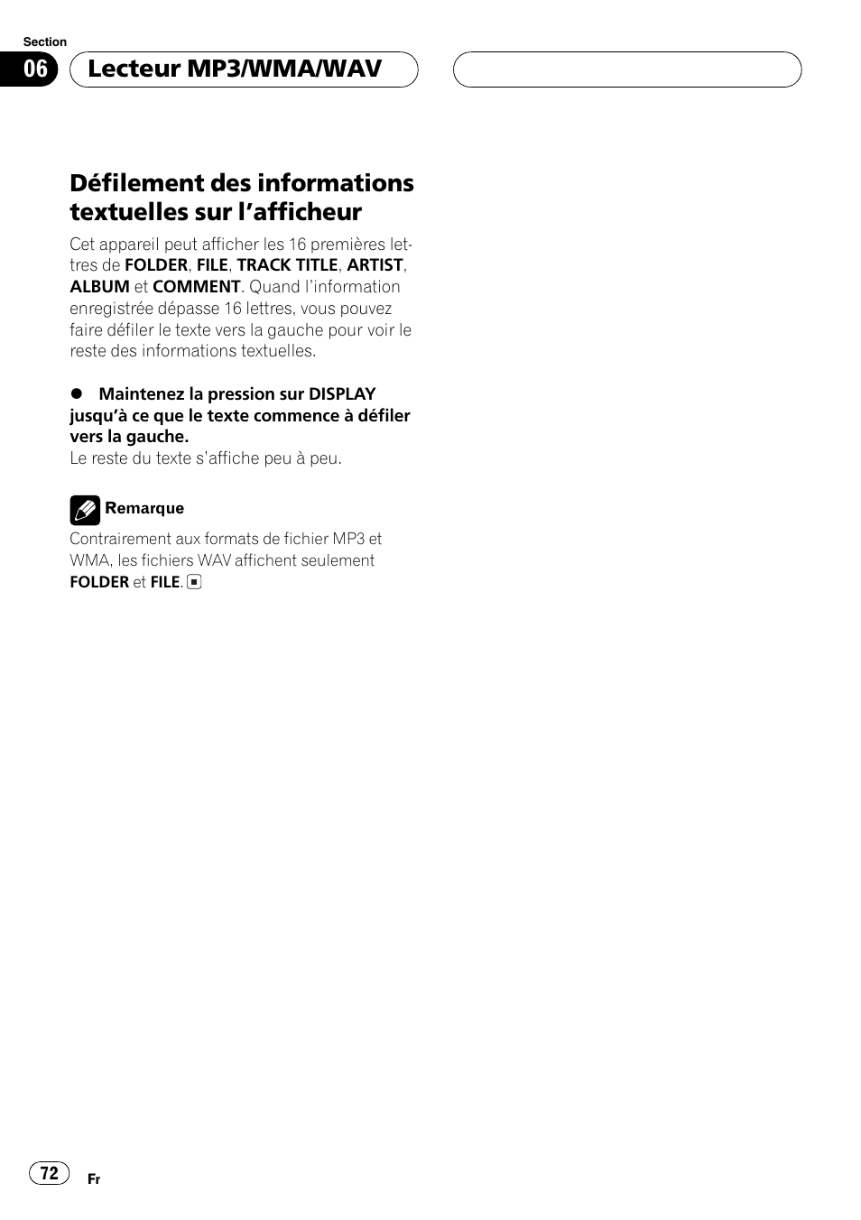 Défilement des informations textuelles sur, Lafficheur 72, Lecteur mp3/wma/wav | Pioneer DEH-P3800MP User Manual | Page 72 / 148