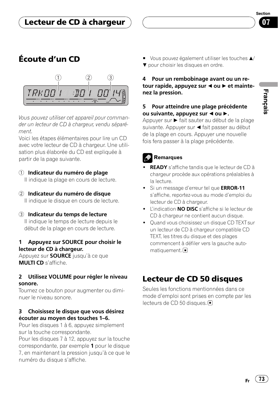 Lecteur de cd à chargeur, Écoute dun cd 73, Lecteur de cd 50 disques 73 | Écoute dun cd, Lecteur de cd 50 disques | Pioneer DEH-P3800MP User Manual | Page 73 / 148