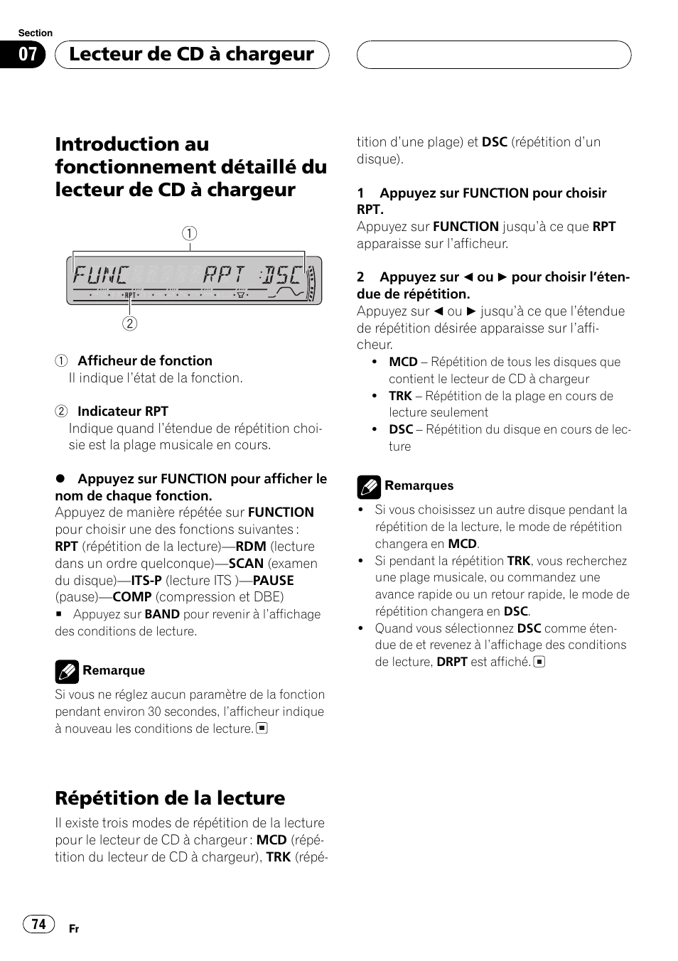 Introduction au fonctionnement détaillé du, Lecteur de cd à chargeur 74, Répétition de la lecture 74 | Ture, Répétition de la lecture, Lecteur de cd à chargeur | Pioneer DEH-P3800MP User Manual | Page 74 / 148