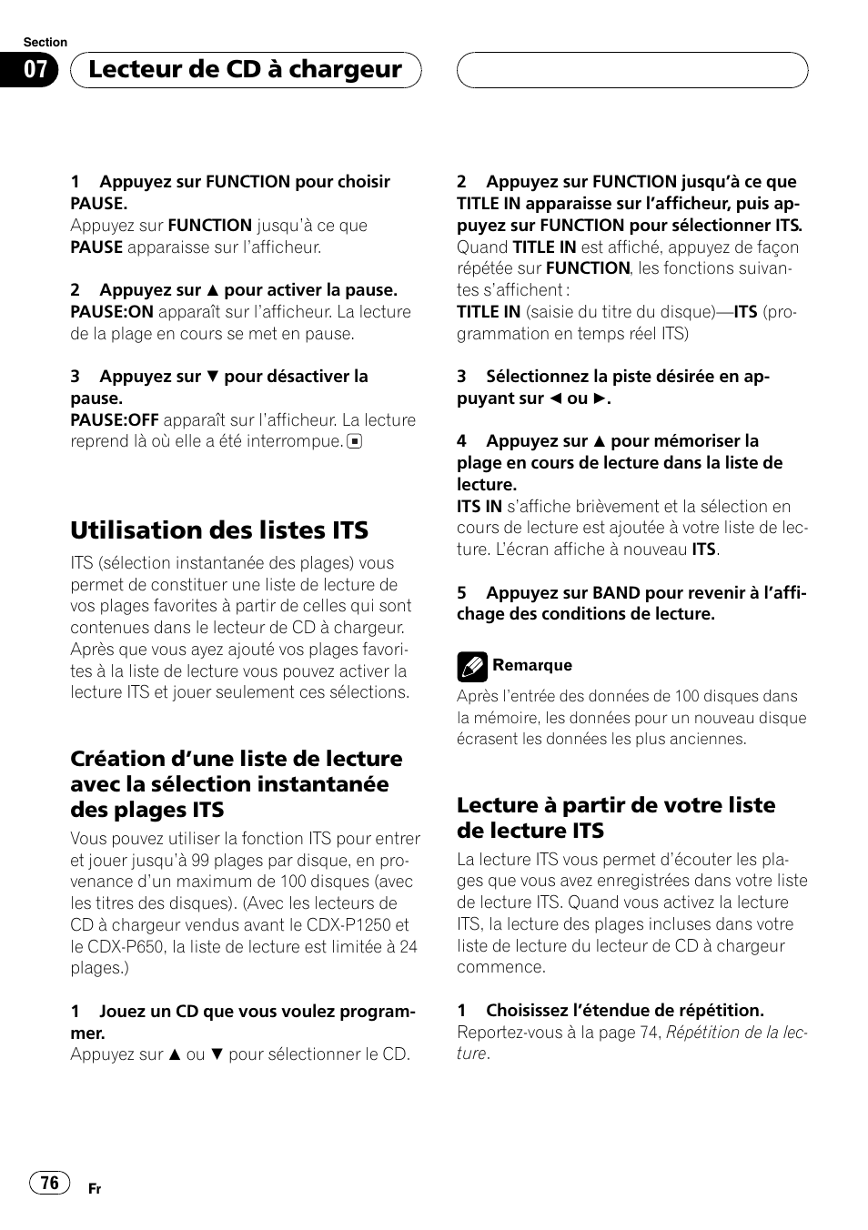 Utilisation des listes its 76, Création dune liste de lecture avec la, Sélection instantanée des plages | Its 76, Lecture à partir de votre liste de, Lecture its 76, Utilisation des listes its, Lecteur de cd à chargeur, Lecture à partir de votre liste de lecture its | Pioneer DEH-P3800MP User Manual | Page 76 / 148