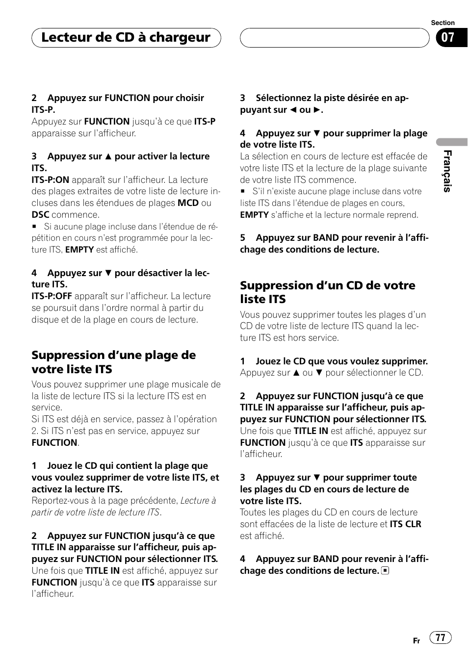 Suppression dune plage de votre liste, Its 77, Suppression dun cd de votre liste | Lecteur de cd à chargeur, Suppression dune plage de votre liste its, Suppression dun cd de votre liste its | Pioneer DEH-P3800MP User Manual | Page 77 / 148