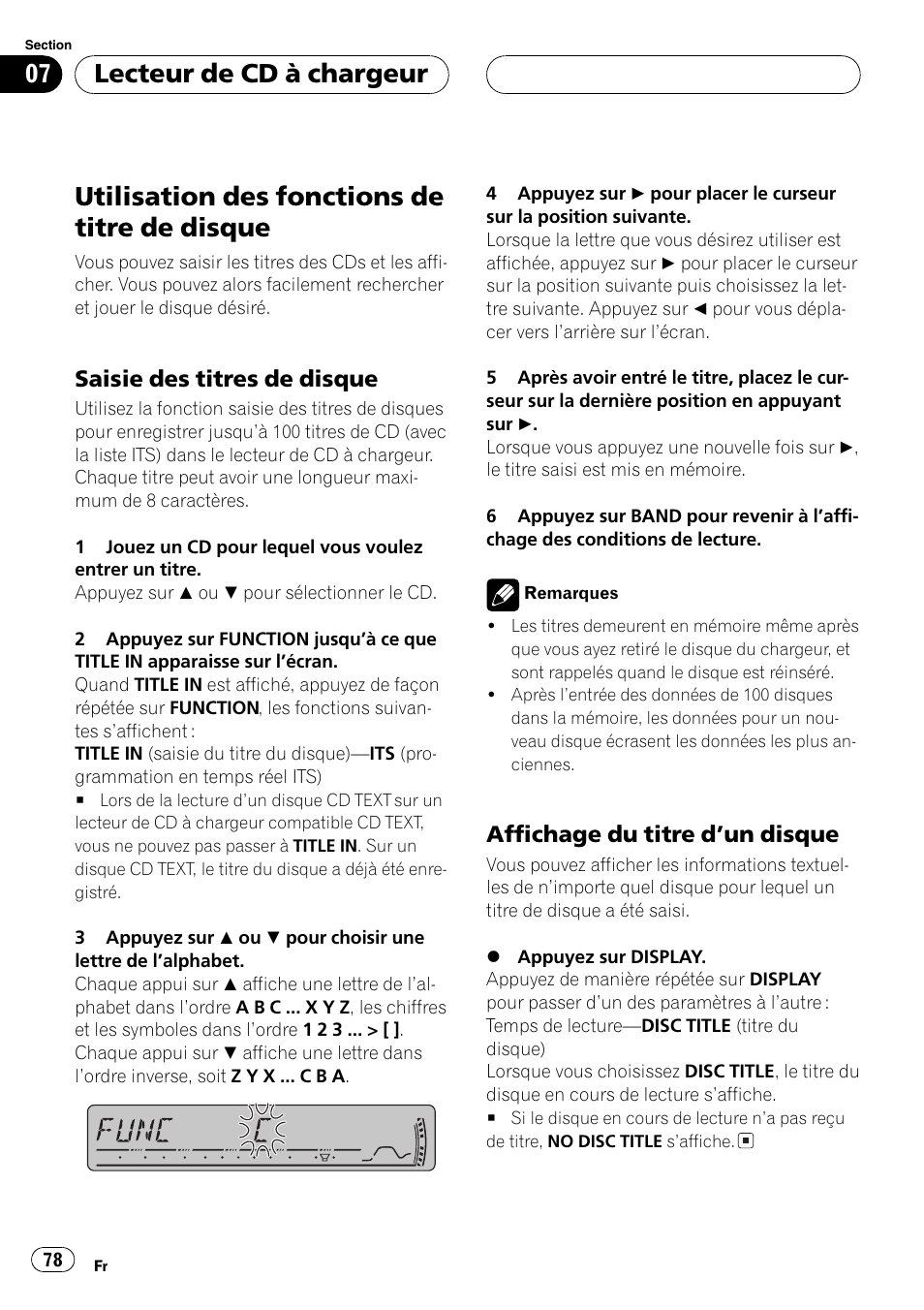 Utilisation des fonctions de titre de, Disque 78, Saisie des titres de disque 78 | Affichage du titre dun disque 78, Utilisation des fonctions de titre de disque, Lecteur de cd à chargeur, Saisie des titres de disque, Affichage du titre dun disque | Pioneer DEH-P3800MP User Manual | Page 78 / 148