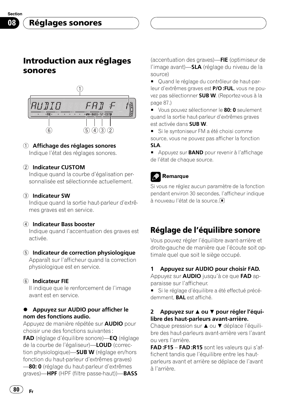 Réglages sonores, Introduction aux réglages sonores 80, Réglage de léquilibre sonore 80 | Introduction aux réglages sonores, Réglage de léquilibre sonore | Pioneer DEH-P3800MP User Manual | Page 80 / 148