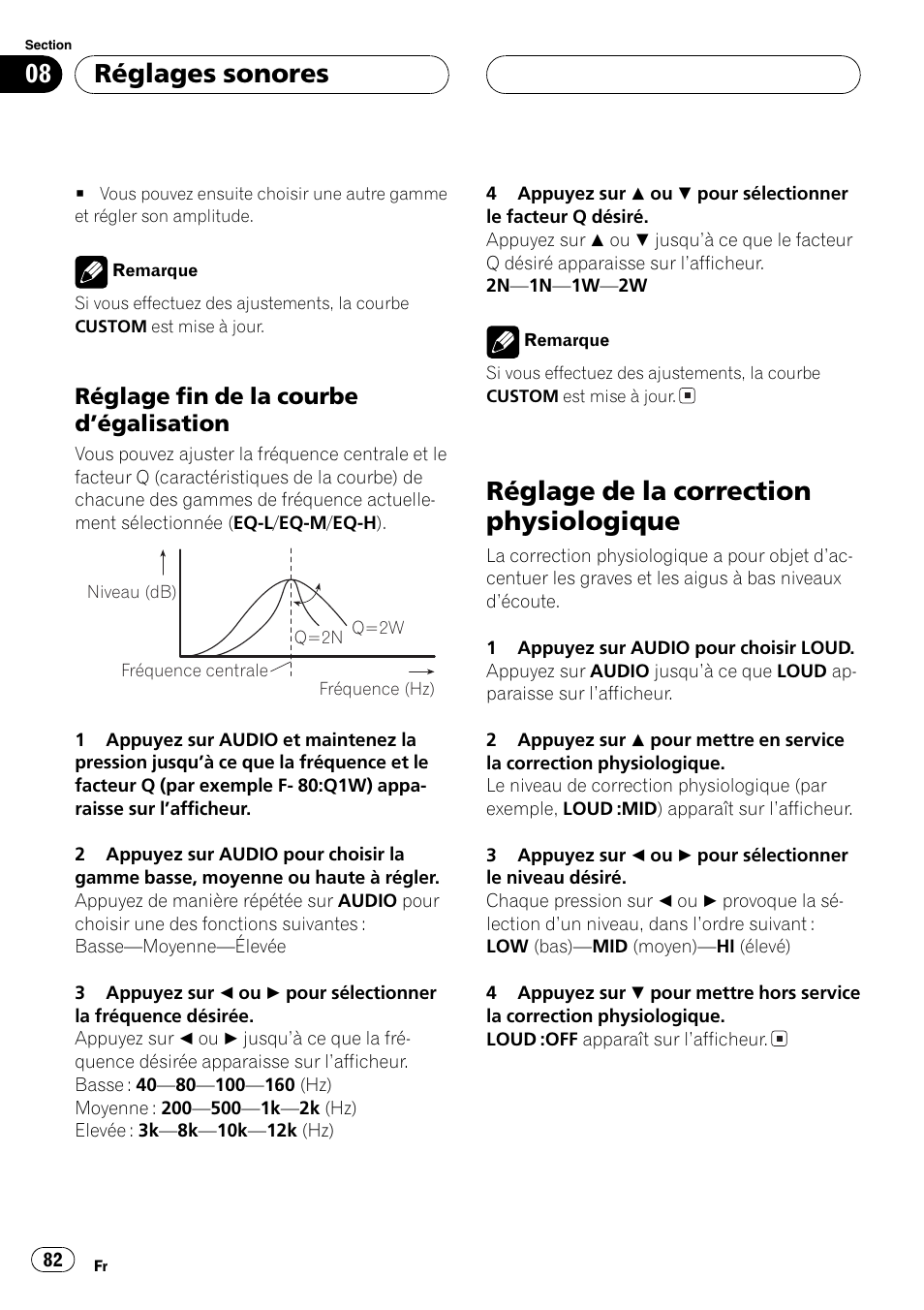 Réglage fin de la courbe, Dégalisation 82, Réglage de la correction physiologique 82 | Réglage de la correction physiologique, Réglages sonores, Réglage fin de la courbe dégalisation | Pioneer DEH-P3800MP User Manual | Page 82 / 148