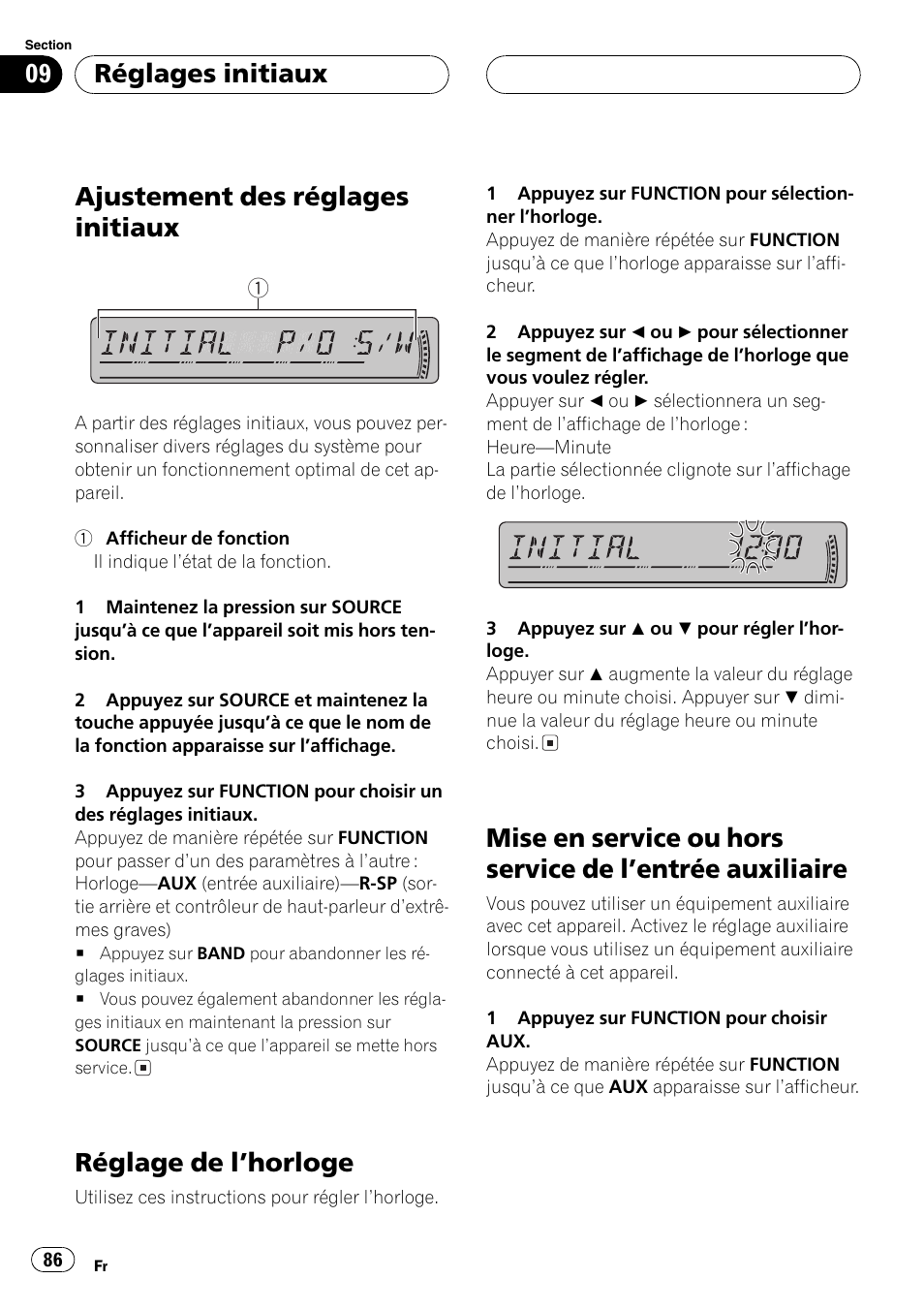 Réglages initiaux, Ajustement des réglages initiaux 86, Réglage de lhorloge 86 | Mise en service ou hors service de lentrée, Auxiliaire 86, Ajustement des réglages initiaux, Réglage de lhorloge | Pioneer DEH-P3800MP User Manual | Page 86 / 148