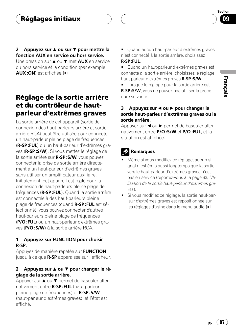 Réglage de la sortie arrière et du contrôleur, De haut-parleur dextrêmes graves 87, Réglages initiaux | Pioneer DEH-P3800MP User Manual | Page 87 / 148