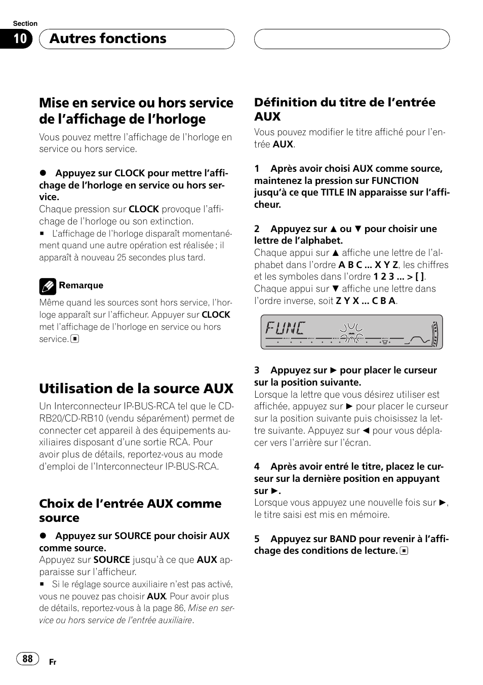 Autres fonctions, Mise en service ou hors service de laffichage, De lhorloge 88 | Utilisation de la source aux 88, Choix de lentrée aux comme, Source 88, Définition du titre de lentrée aux 88, Utilisation de la source aux | Pioneer DEH-P3800MP User Manual | Page 88 / 148
