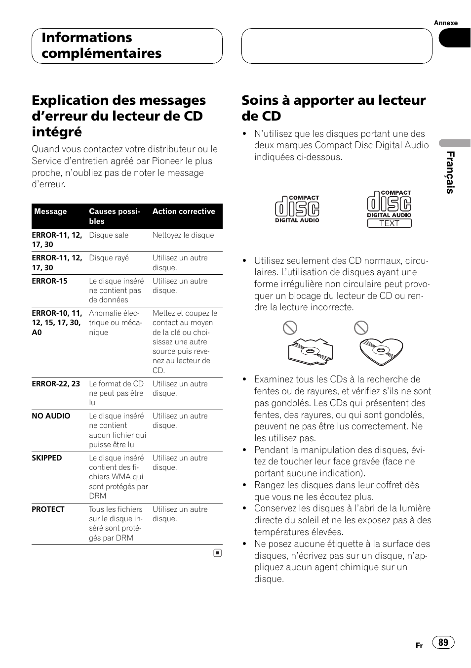 Informations complémentaires, Explication des messages derreur du lecteur, De cd intégré 89 | Soins à apporter au lecteur de cd 89, Soins à apporter au lecteur de cd, Français | Pioneer DEH-P3800MP User Manual | Page 89 / 148