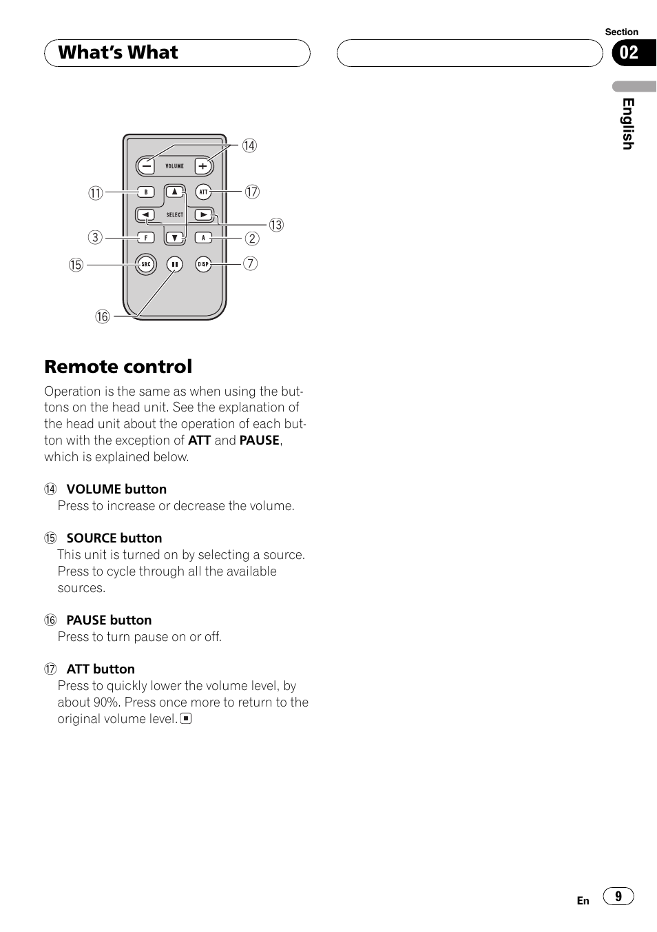 Remote control 9, Remote control, Whats what | Pioneer DEH-P3800MP User Manual | Page 9 / 148