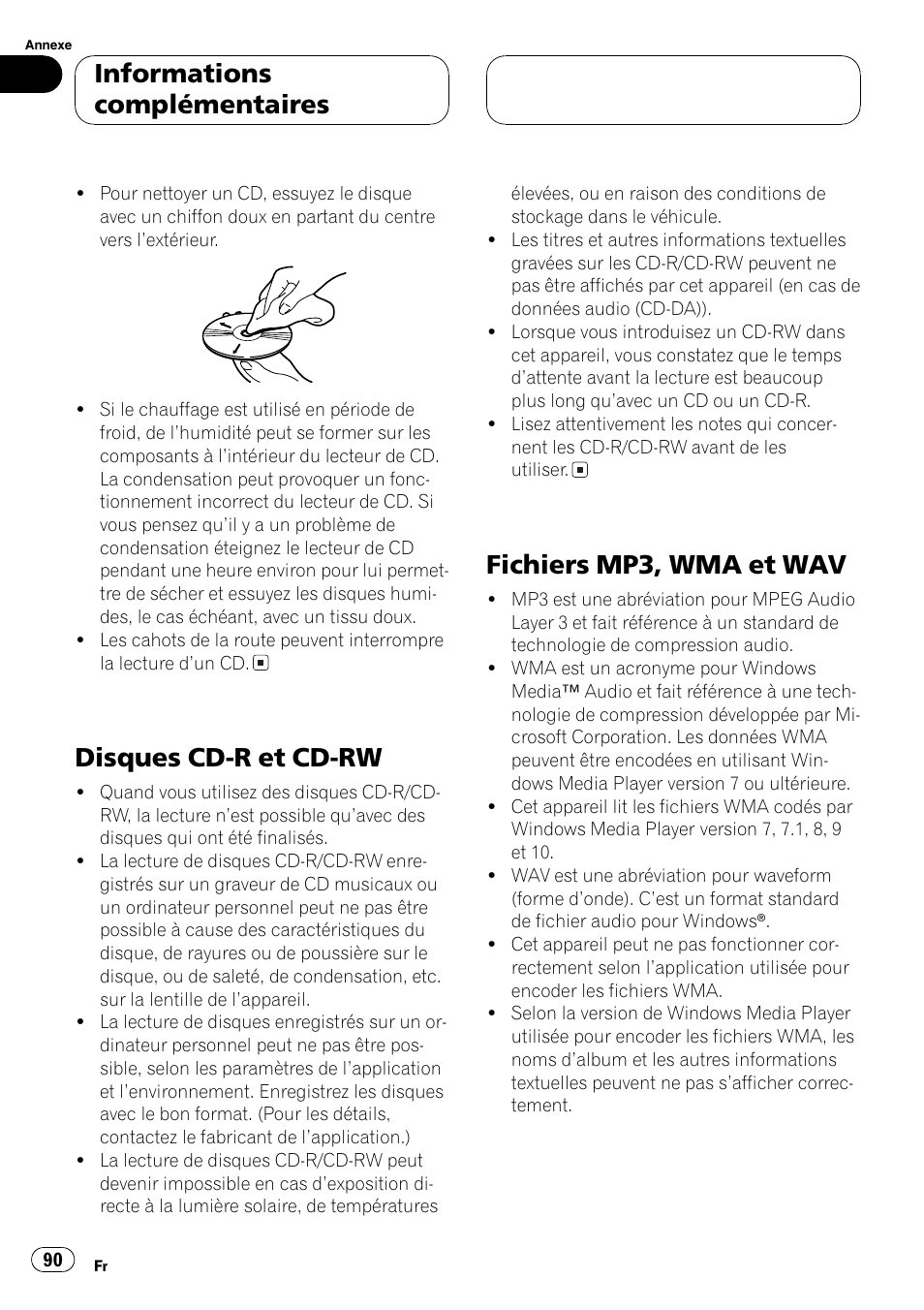 Disques cd-r et cd-rw 90, Fichiers mp3, wma et wav 90, Disques cd-r et cd-rw | Fichiers mp3, wma et wav, Informations complémentaires | Pioneer DEH-P3800MP User Manual | Page 90 / 148