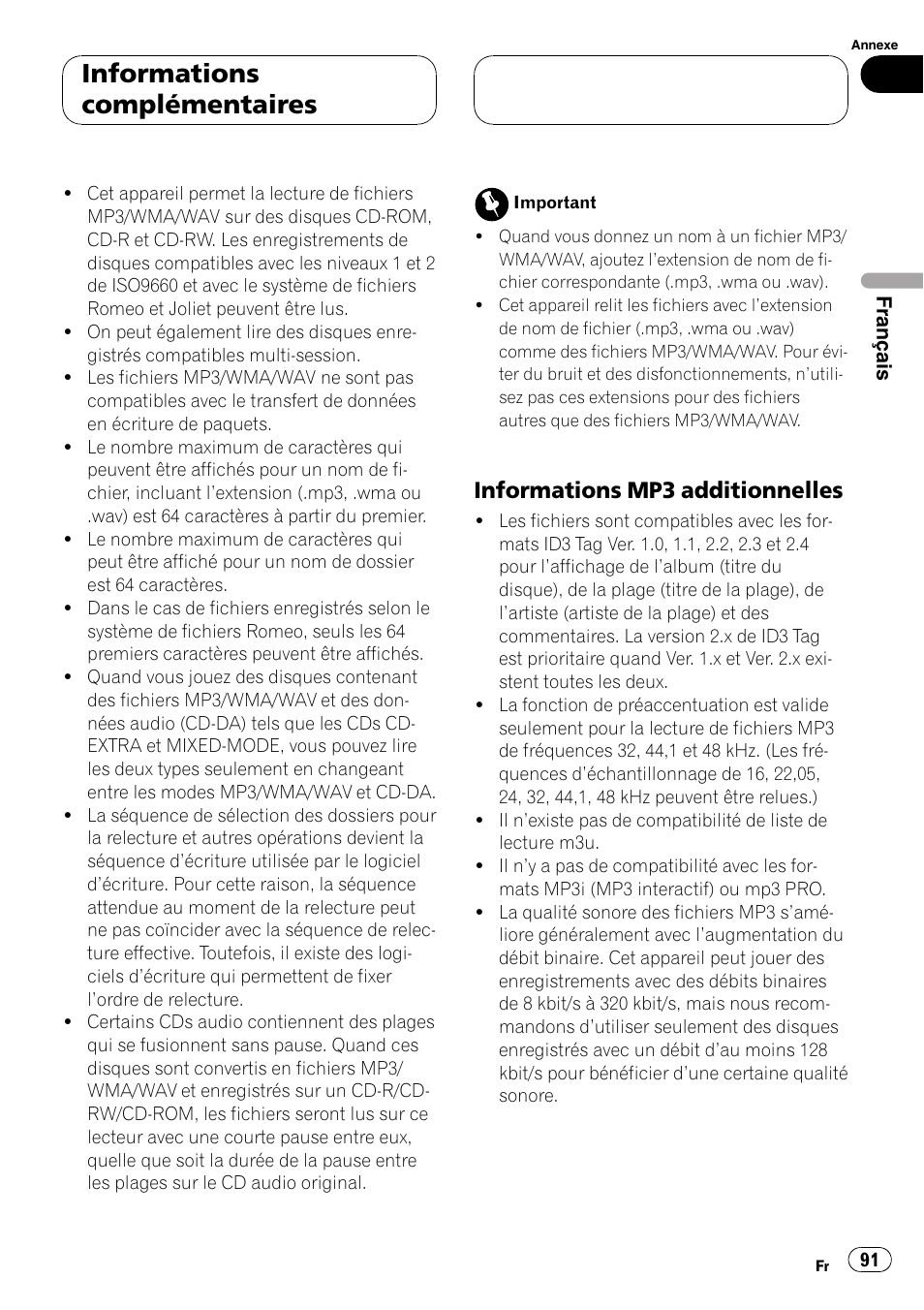 Informations mp3 additionnelles 91, Informations complémentaires, Informations mp3 additionnelles | Pioneer DEH-P3800MP User Manual | Page 91 / 148