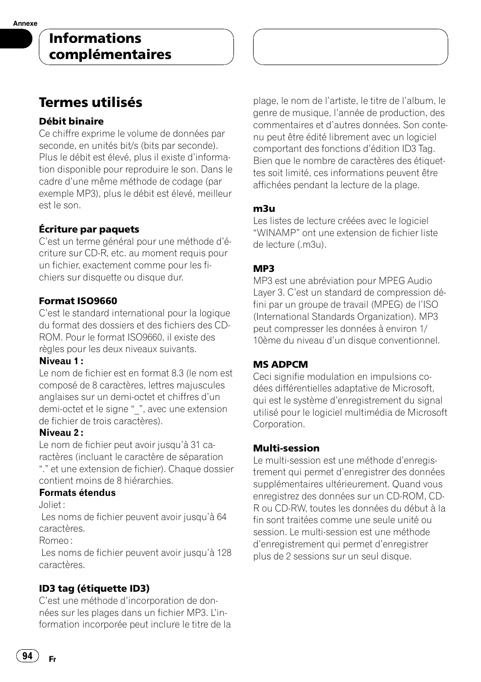 Termes utilisés 94, Termes utilisés, Informations complémentaires | Pioneer DEH-P3800MP User Manual | Page 94 / 148