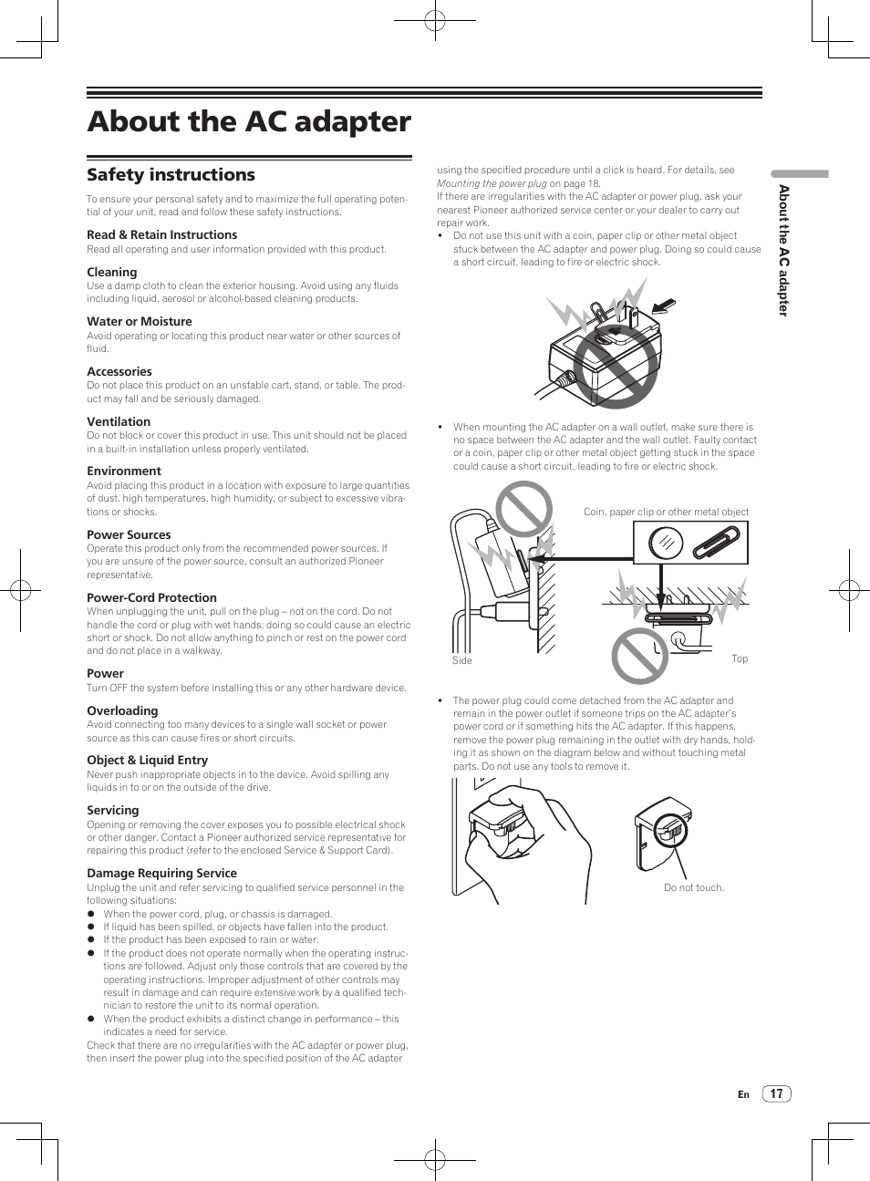 About the ac adapter, Safety instructions | Pioneer DDJ-SX User Manual | Page 17 / 24