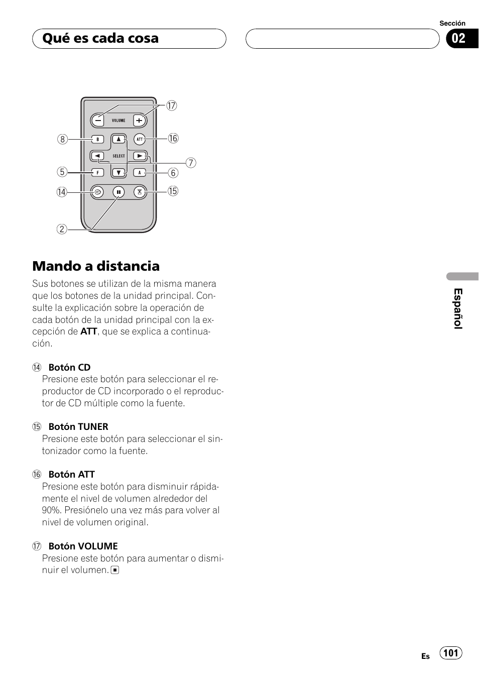 Mando a distancia 101, Mando a distancia, Qué es cada cosa | Pioneer DEH-P460MP User Manual | Page 101 / 140