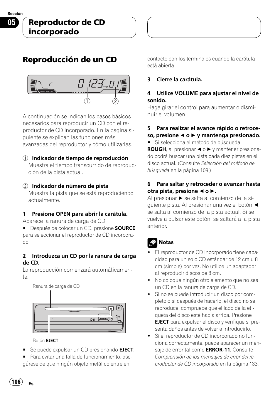 Reproductor de cd incorporado, Reproducción de un cd 106, Reproducción de un cd | Pioneer DEH-P460MP User Manual | Page 106 / 140
