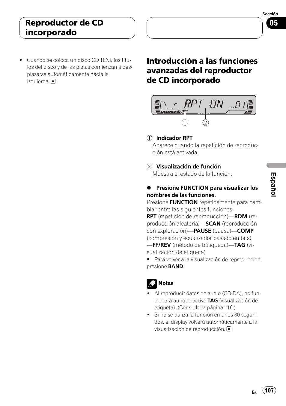 Introducción a las funciones avanzadas del, Reproductor de cd incorporado 107, Guiente | Reproductor de cd incorporado | Pioneer DEH-P460MP User Manual | Page 107 / 140