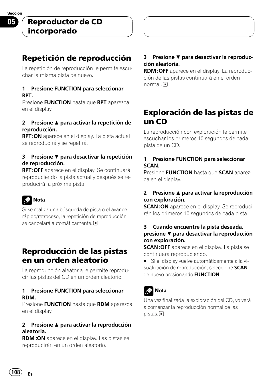 Repetición de reproducción 108, Reproducción de las pistas en un orden, Aleatorio 108 | Exploración de las pistas de un cd 108, Repetición de reproducción, Reproducción de las pistas en un orden aleatorio, Exploración de las pistas de un cd, Reproductor de cd incorporado | Pioneer DEH-P460MP User Manual | Page 108 / 140