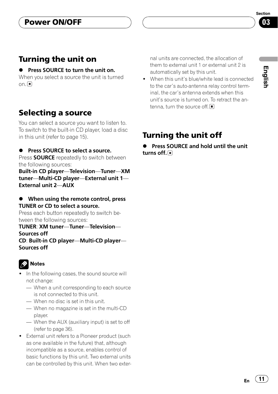 Turning the unit on, Selecting a source, Turning the unit off | Power on/off | Pioneer DEH-P460MP User Manual | Page 11 / 140