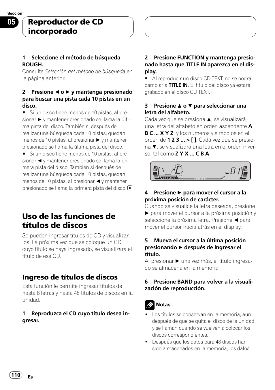 Uso de las funciones de títulos de, Discos 110, Ingreso de títulos de discos 110 | Uso de las funciones de títulos de discos, Reproductor de cd incorporado, Ingreso de títulos de discos | Pioneer DEH-P460MP User Manual | Page 110 / 140