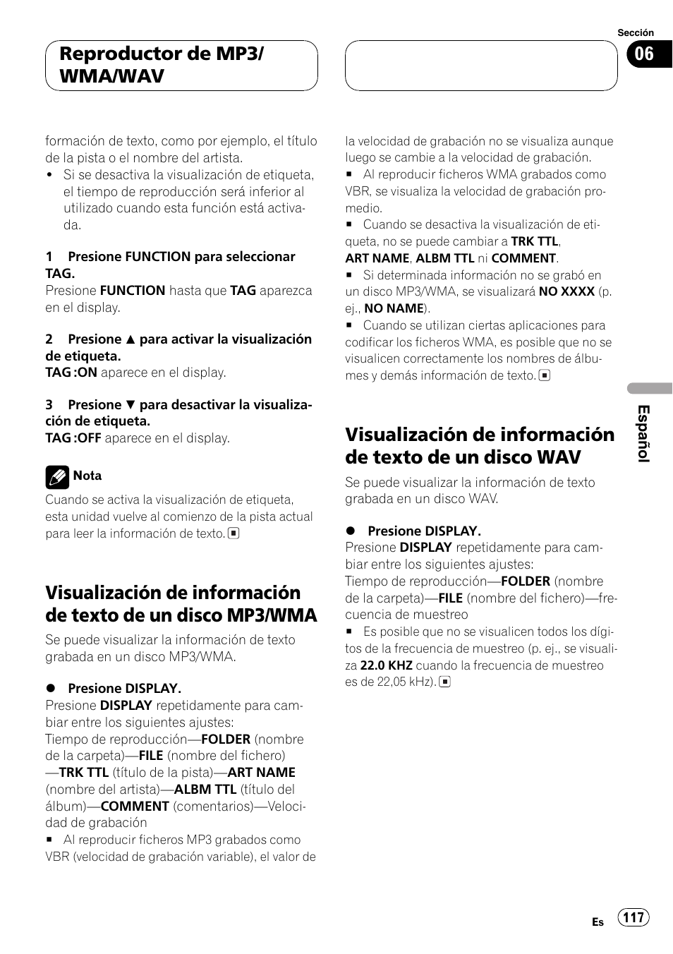 Visualización de información de texto de un, Disco mp3/wma 117, Disco wav 117 | Reproductor de mp3/ wma/wav | Pioneer DEH-P460MP User Manual | Page 117 / 140