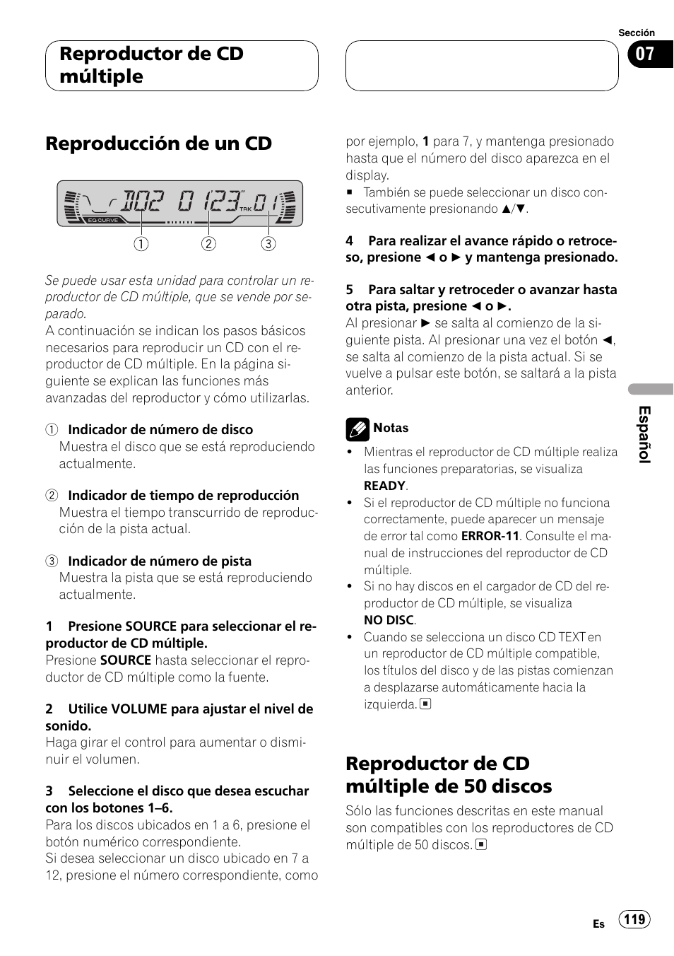 Reproductor de cd múltiple, Reproducción de un cd 119, Reproductor de cd múltiple de 50 | Discos 119, Reproducción de un cd, Reproductor de cd múltiple de 50 discos | Pioneer DEH-P460MP User Manual | Page 119 / 140