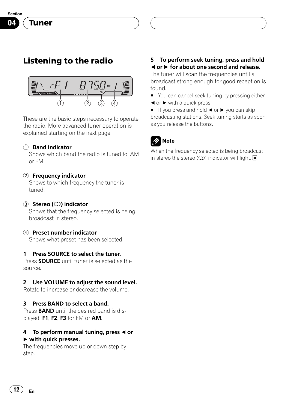 Tuner listening to the radio 12, Listening to the radio, Tuner | Pioneer DEH-P460MP User Manual | Page 12 / 140