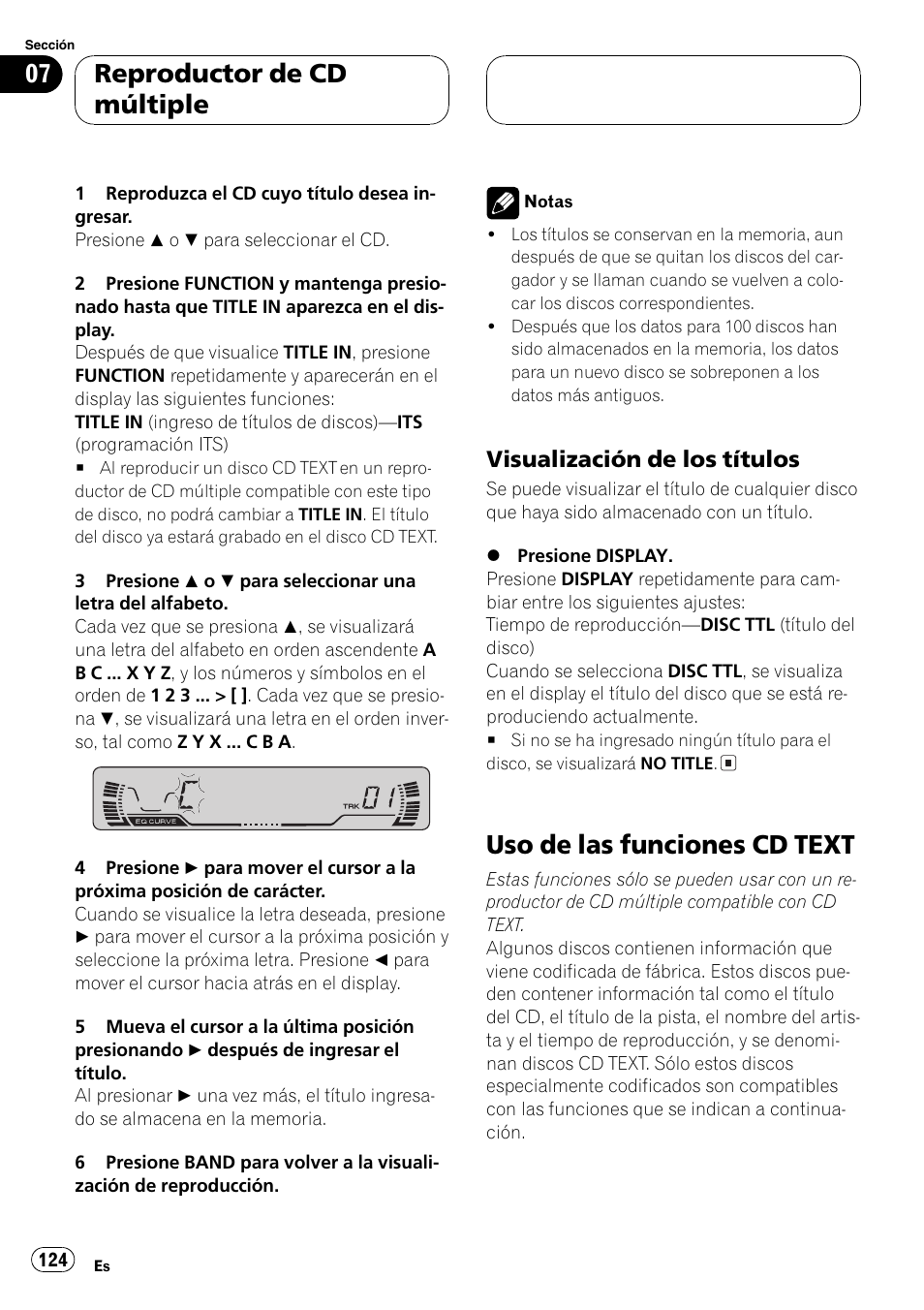 Visualización de los títulos 124, Uso de las funciones cd text 124, Uso de las funciones cd text | Reproductor de cd múltiple, Visualización de los títulos | Pioneer DEH-P460MP User Manual | Page 124 / 140