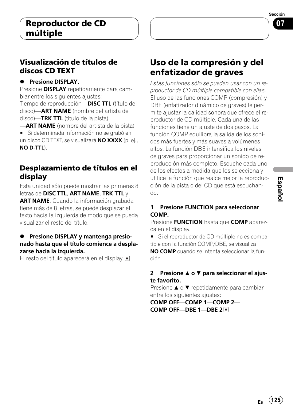 Visualización de títulos de discos cd, Text 125, Desplazamiento de títulos en el | Display 125, Uso de la compresión y del enfatizador de, Graves 125, Uso de la compresión y del enfatizador de graves, Reproductor de cd múltiple | Pioneer DEH-P460MP User Manual | Page 125 / 140