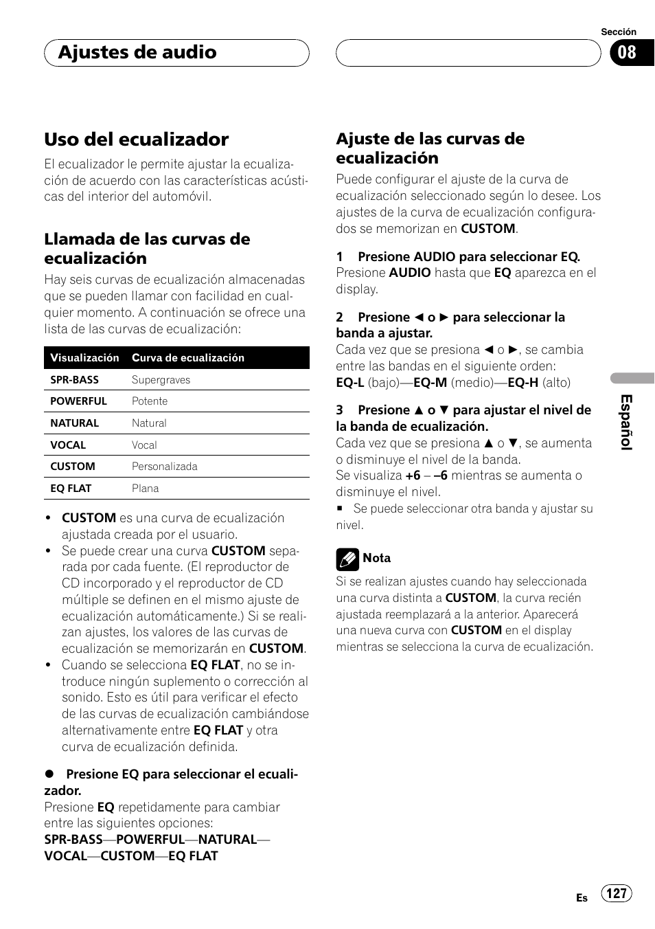 Uso del ecualizador 127, Llamada de las curvas de, Ecualización 127 | Ajuste de las curvas de, Uso del ecualizador, Ajustes de audio, Llamada de las curvas de ecualización, Ajuste de las curvas de ecualización | Pioneer DEH-P460MP User Manual | Page 127 / 140