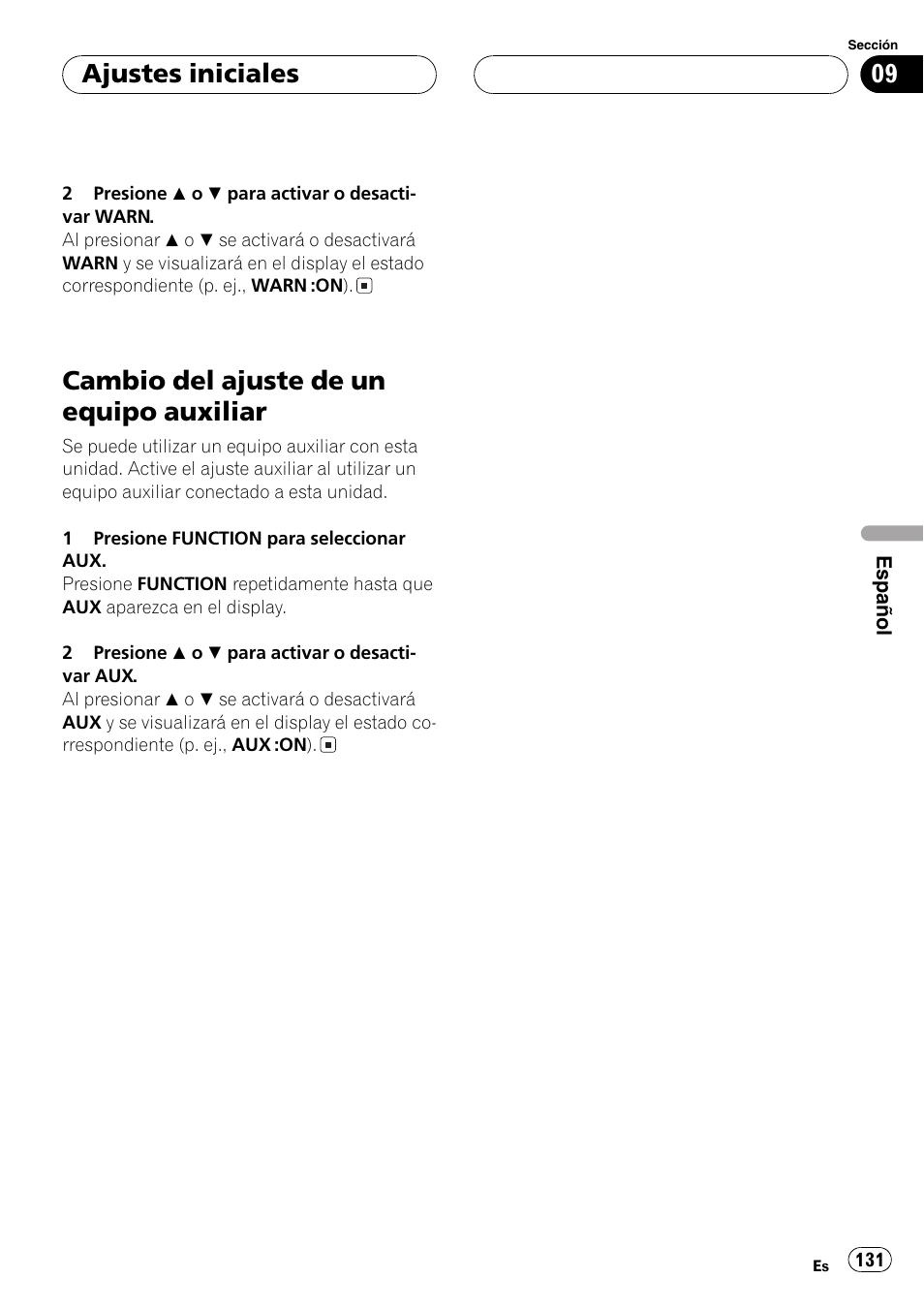Cambio del ajuste de un equipo, Auxiliar 131, Cambio del ajuste de un equipo auxiliar | Ajustes iniciales | Pioneer DEH-P460MP User Manual | Page 131 / 140