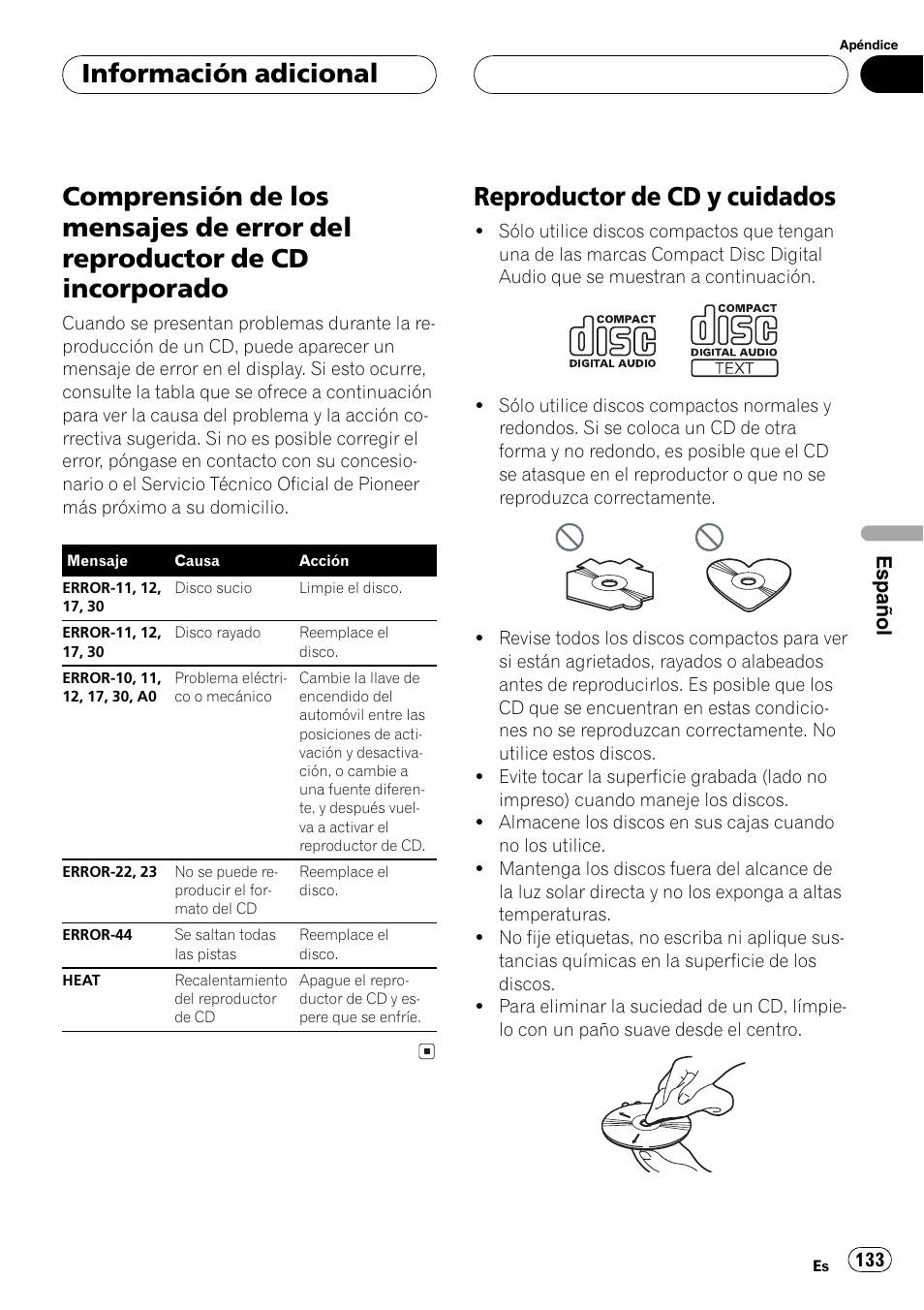 Información adicional, Comprensión de los mensajes de error del, Reproductor de cd incorporado 133 | Reproductor de cd y cuidados 133, Reproductor de cd y cuidados, Español | Pioneer DEH-P460MP User Manual | Page 133 / 140