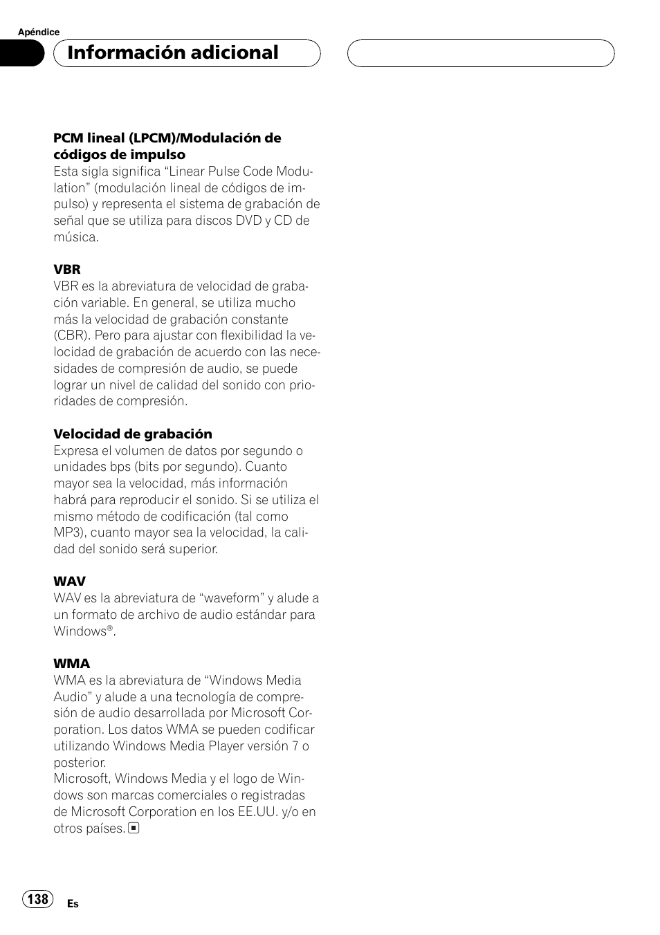 Información adicional | Pioneer DEH-P460MP User Manual | Page 138 / 140