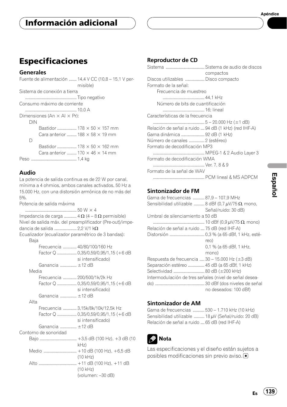 Especificaciones 139, Especificaciones, Información adicional | Español | Pioneer DEH-P460MP User Manual | Page 139 / 140