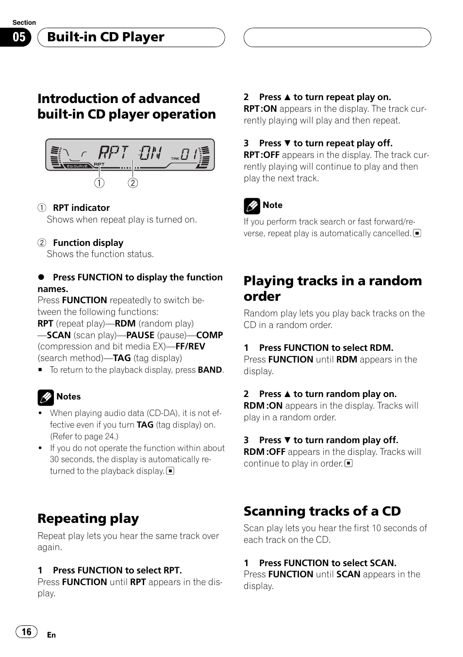 Introduction of advanced built-in cd player, Operation 16, Repeating play | Playing tracks in a random order, Scanning tracks of a cd, Built-in cd player | Pioneer DEH-P460MP User Manual | Page 16 / 140