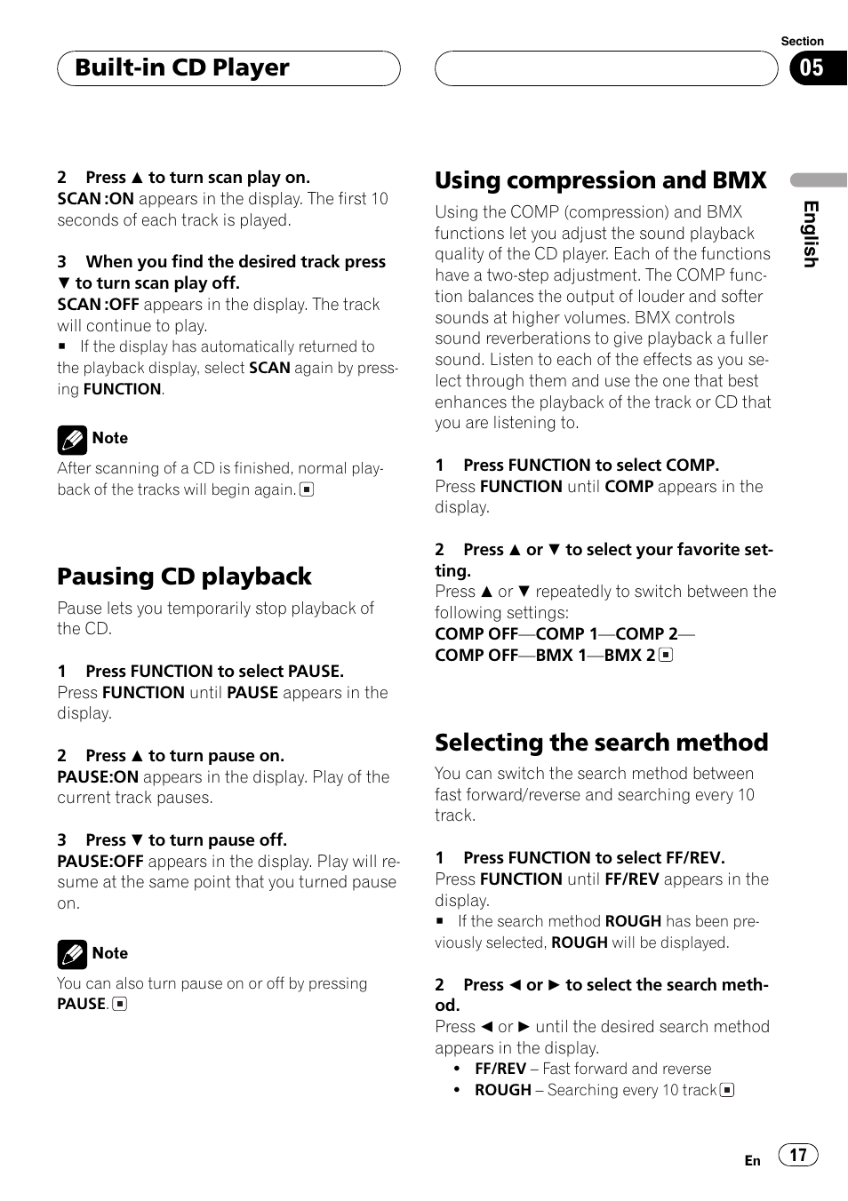 Pausing cd playback, Using compression and bmx, Selecting the search method | Built-in cd player | Pioneer DEH-P460MP User Manual | Page 17 / 140