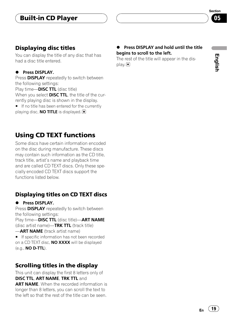 Displaying disc titles 19, Using cd text functions 19, Displaying titles on cd text | Discs 19, Scrolling titles in the display 19, Using cd text functions, Built-in cd player | Pioneer DEH-P460MP User Manual | Page 19 / 140