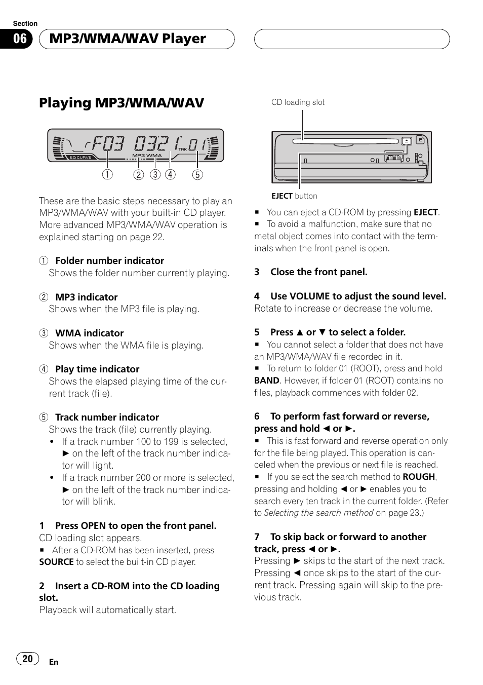 Mp3/wma/wav player playing mp3/wma/wav 20, Playing mp3/wma/wav, Mp3/wma/wav player | Pioneer DEH-P460MP User Manual | Page 20 / 140