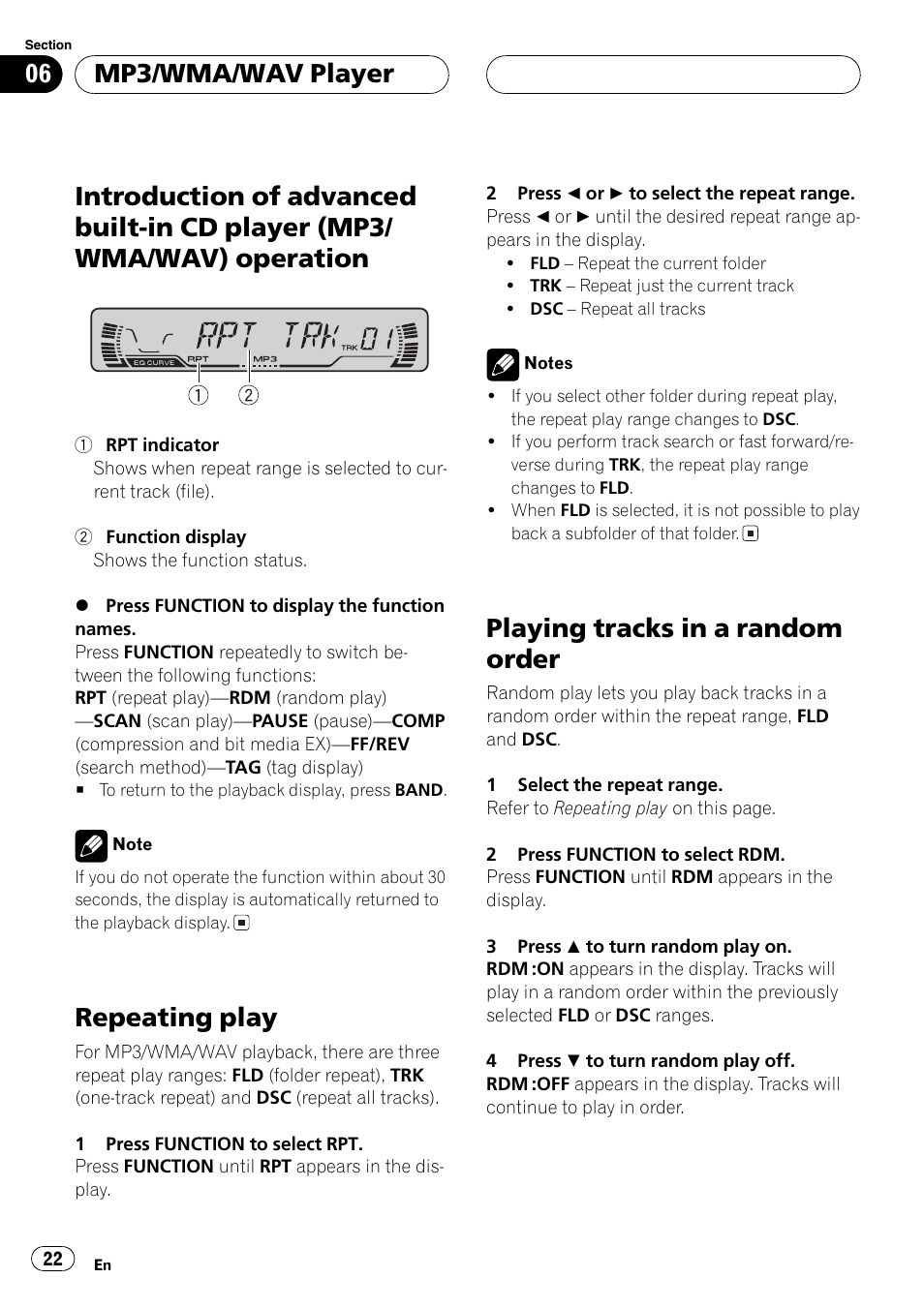Introduction of advanced built-in cd player, Mp3/wma/wav) operation 22, Repeating play | Playing tracks in a random order, Mp3/wma/wav player | Pioneer DEH-P460MP User Manual | Page 22 / 140