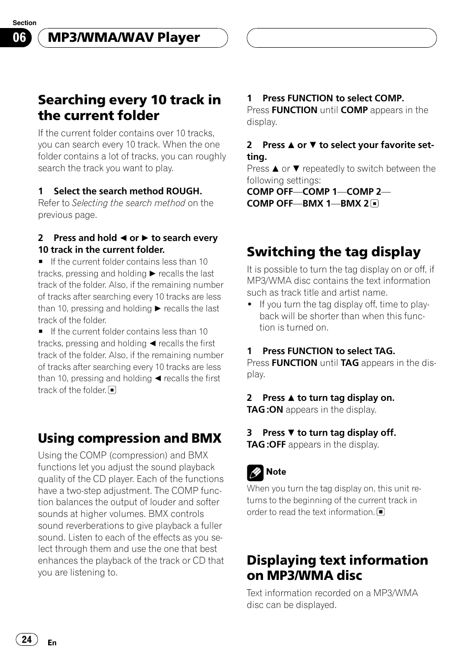 Searching every 10 track in the current, Folder 24, Disc 24 | Searching every 10 trackin the current folder, Using compression and bmx, Switching the tag display, Displaying text information on mp3/wma disc, Mp3/wma/wav player | Pioneer DEH-P460MP User Manual | Page 24 / 140