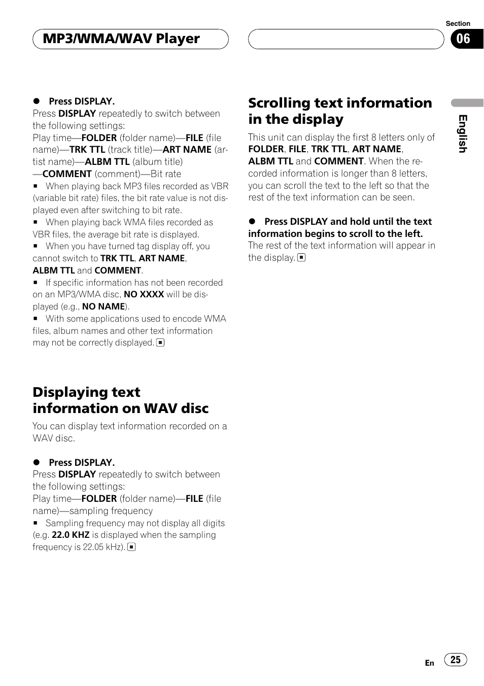 Displaying text information on wav disc, Scrolling text information in the display, Mp3/wma/wav player | Pioneer DEH-P460MP User Manual | Page 25 / 140