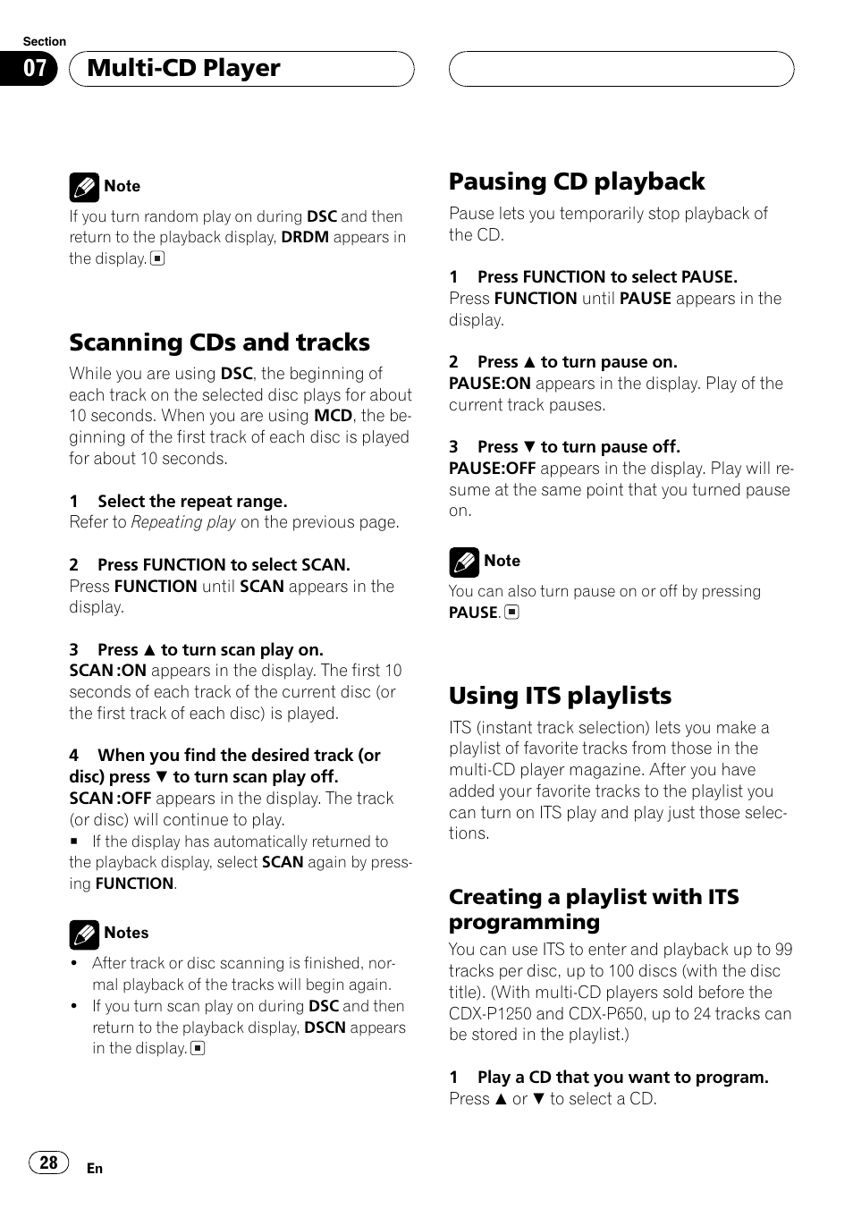 Creating a playlist with its, Programming 28, Scanning cds and tracks | Pausing cd playback, Using its playlists, Multi-cd player, Creating a playlist with its programming | Pioneer DEH-P460MP User Manual | Page 28 / 140