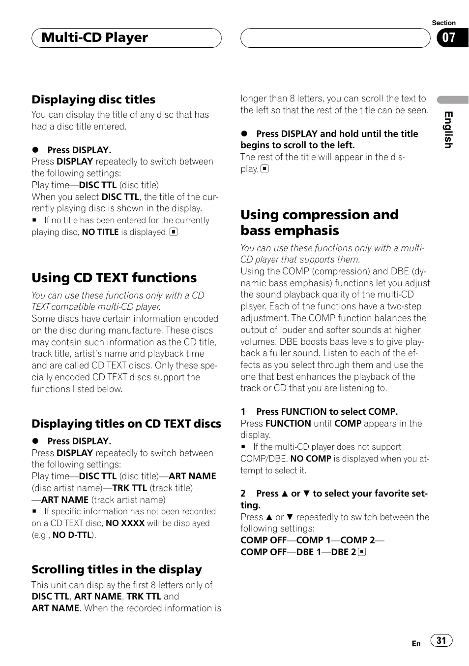 Displaying disc titles 31, Using cd text functions 31, Displaying titles on cd text | Discs 31, Scrolling titles in the display 31, Using compression and bass emphasis 31, Using cd text functions, Using compression and bass emphasis, Multi-cd player | Pioneer DEH-P460MP User Manual | Page 31 / 140