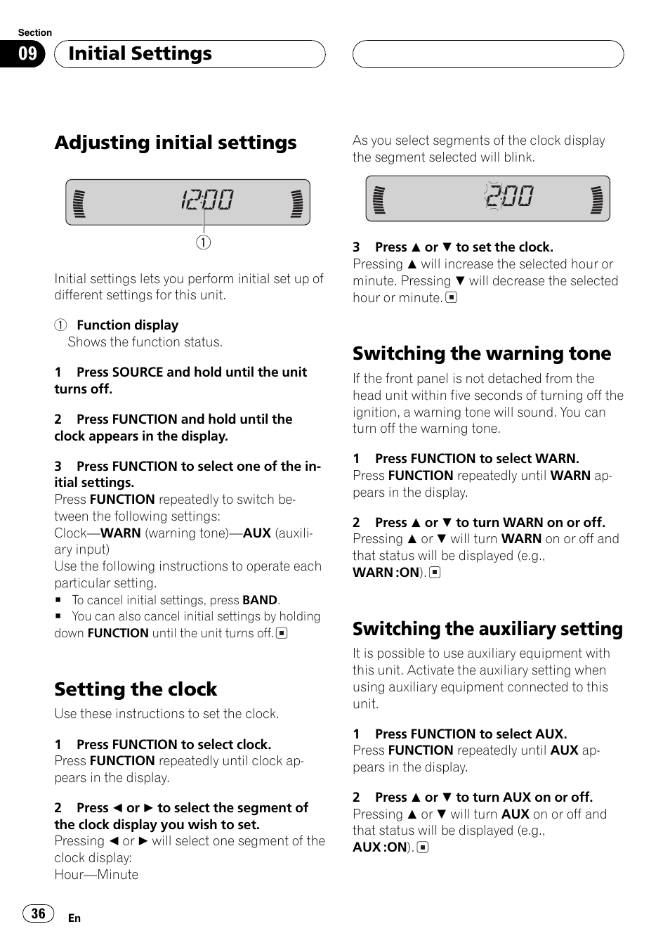 Adjusting initial settings, Setting the clock, Switching the warning tone | Switching the auxiliary setting, Initial settings | Pioneer DEH-P460MP User Manual | Page 36 / 140