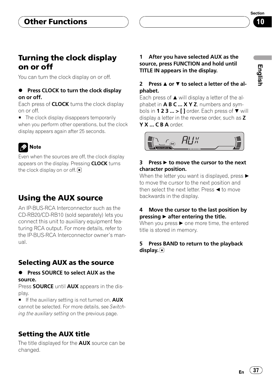 Selecting aux as the source 37, Setting the aux title 37, Turning the clockdisplay on or off | Using the aux source, Other functions | Pioneer DEH-P460MP User Manual | Page 37 / 140