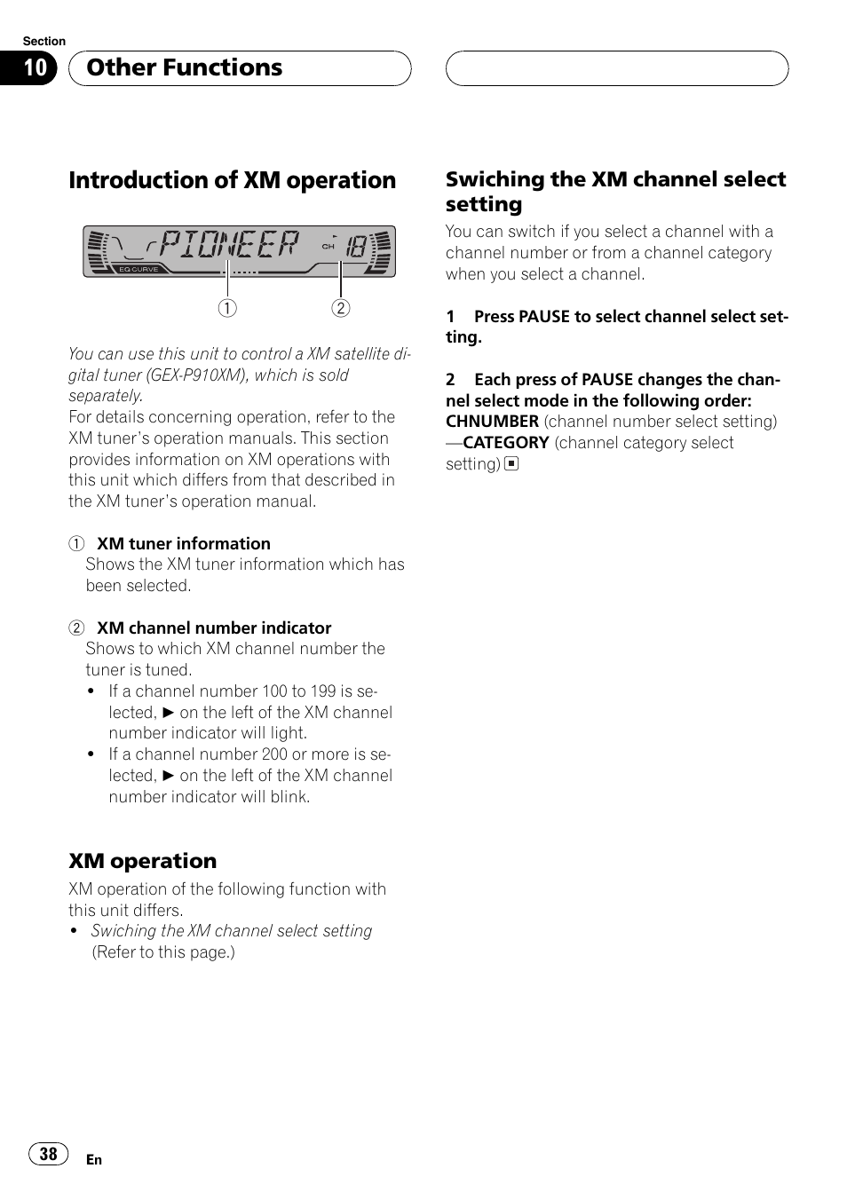 Introduction of xmoperation 38, Xmoperation 38, Swiching the xmchannel select | Setting 38, Introduction of xm operation, Other functions | Pioneer DEH-P460MP User Manual | Page 38 / 140