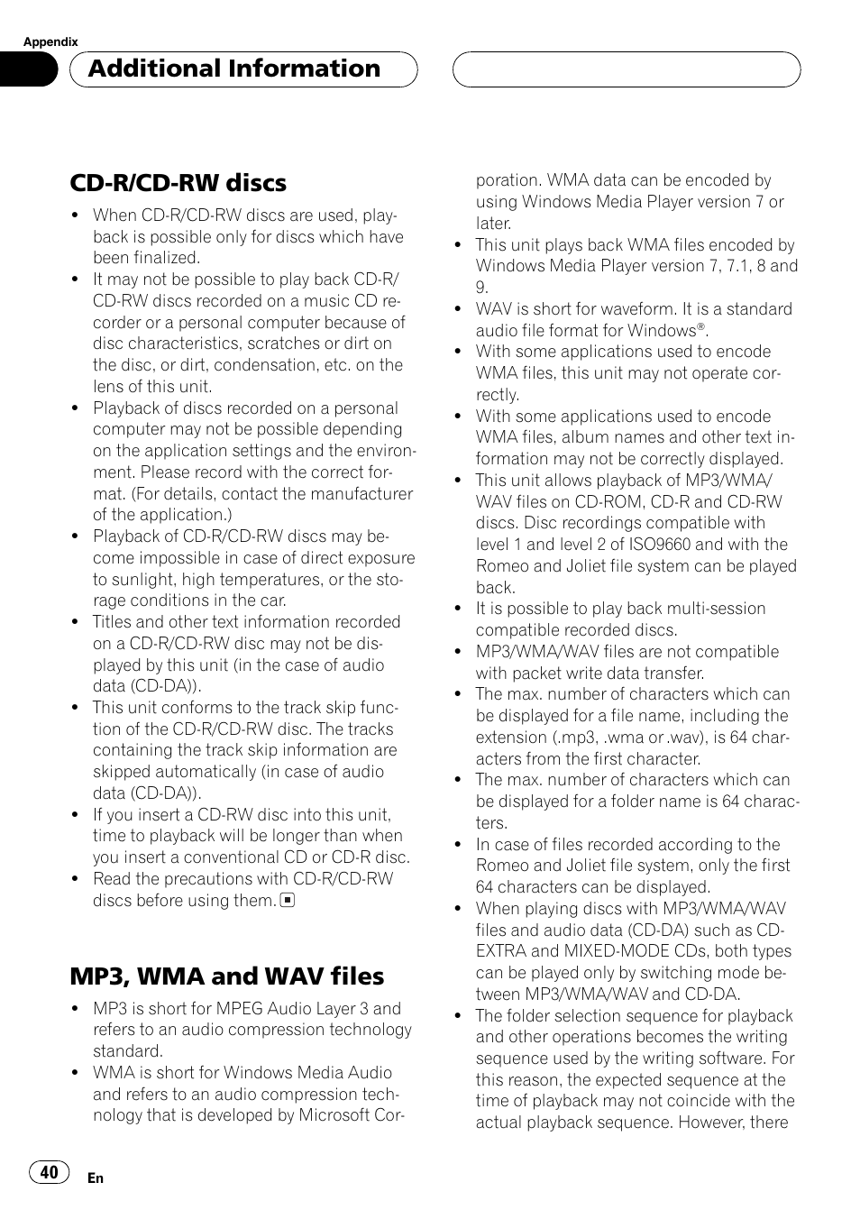 Cd-r/cd-rw discs 40 mp3, wma and wav files 40, Cd-r/cd-rw discs, Mp3, wma and wav files | Additional information | Pioneer DEH-P460MP User Manual | Page 40 / 140