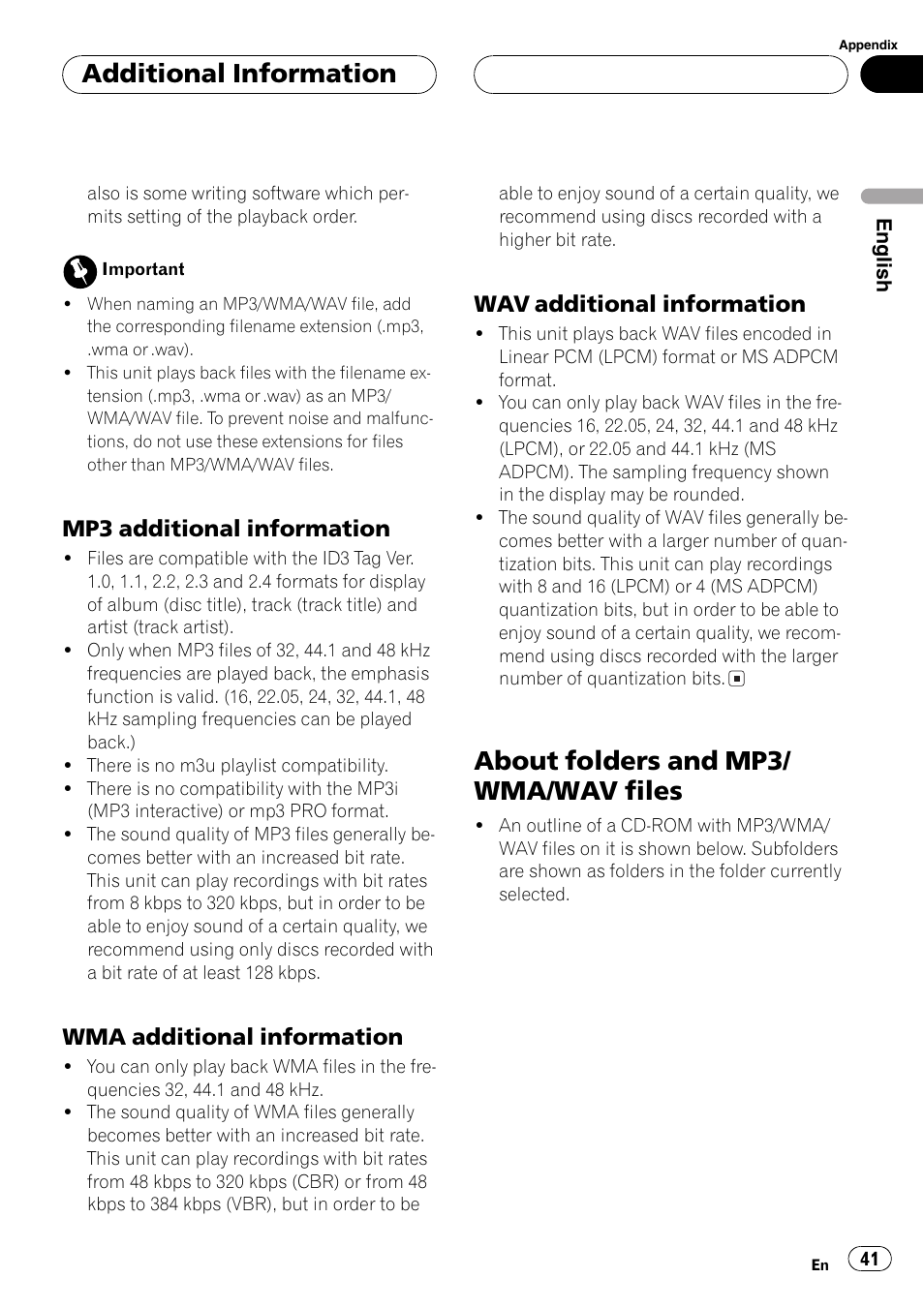 Mp3 additional information 41, Wma additional information 41, Wav additional information 41 | About folders and mp3/wma/wav files 41, About folders and mp3/ wma/wav files, Additional information, Mp3 additional information, Wma additional information, Wav additional information | Pioneer DEH-P460MP User Manual | Page 41 / 140